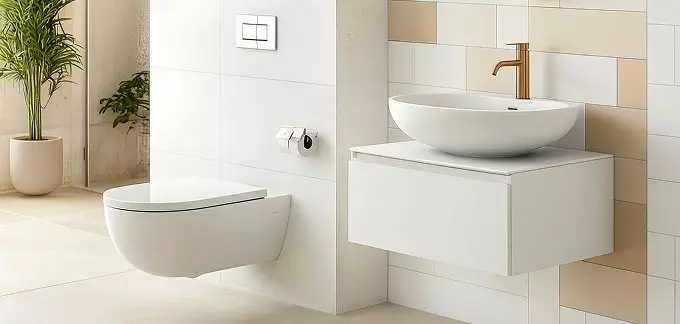 Ristrutturazione bagni sospesi: bagno moderno bianco: WC a parete, lavabo sopra una snoda mensola, rubinetto dorato e piastrelle beige chiaro, ambiente luminoso e minimalista.