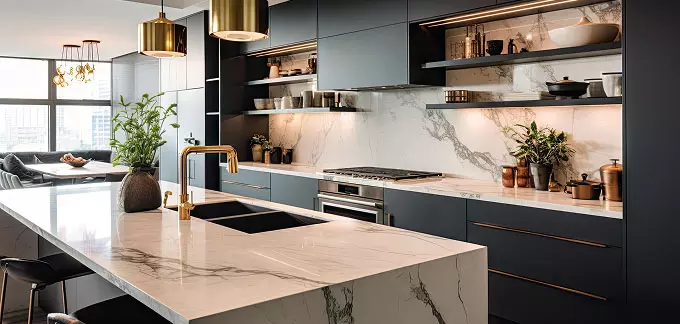 Ristrutturazione cucina: cucina moderna con isola in marmo bianco, piano cottura a gas, lavello dorato e dettagli in nero e ottone; mensole aperte, piante e illuminazione elegante.
